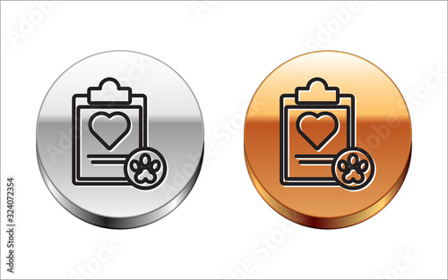 Black line Clipboard with medical clinical record pet icon isolated on white background. Health insurance form. Medical check marks report. Silver-gold circle button. Vector Illustration