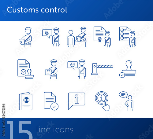 Customs control icons. Set of line icons. Faqs, passport, customs check, customs inspection. Immigration concept. Vector illustration can be used for topics like security, travel, airport