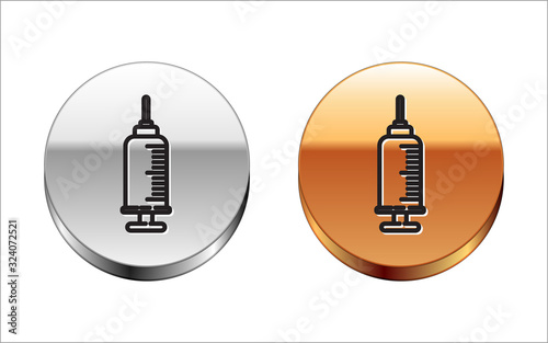 Black line Syringe with pet vaccine icon isolated on white background. Dog or cat paw print. Silver-gold circle button. Vector Illustration