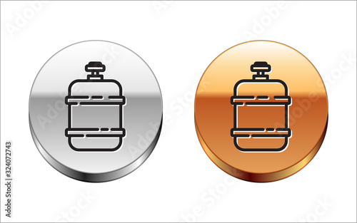 Black line Propane gas tank icon isolated on white background. Flammable gas tank icon. Silver-gold circle button. Vector Illustration