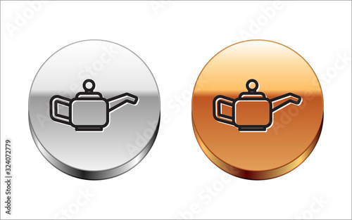 Black line Canister for motor machine oil icon isolated on white background. Oil gallon. Oil change service and repair. Silver-gold circle button. Vector Illustration