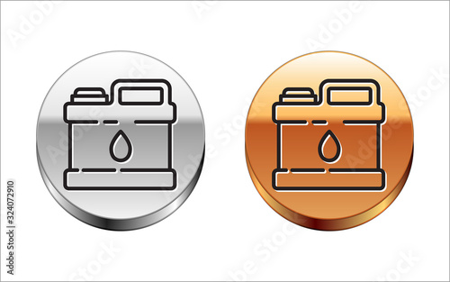 Black line Plastic canister for motor machine oil icon isolated on white background. Oil gallon. Oil change service and repair. Silver-gold circle button. Vector Illustration
