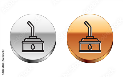 Black line Canister for motor machine oil icon isolated on white background. Oil gallon. Oil change service and repair. Silver-gold circle button. Vector Illustration