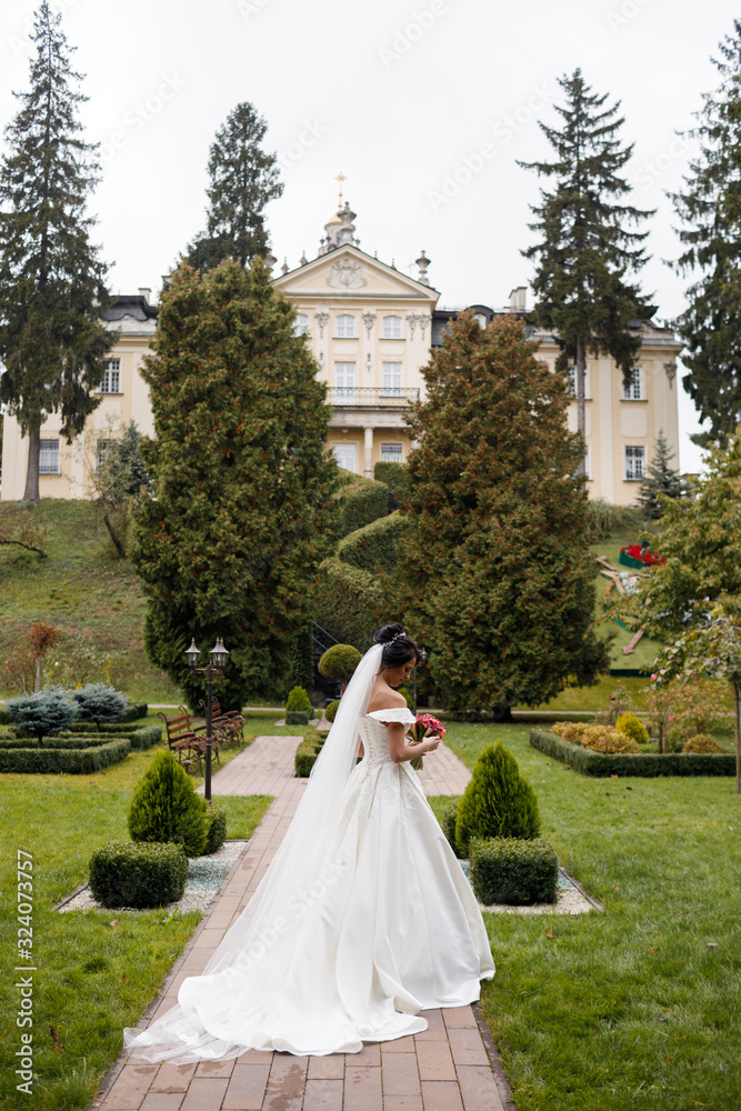 Pretty happy bride in luxury dress with bouquet. Portrait of beautiful bride on wedding day. Pretty happy bride in luxury dress with bouquet. Portrait of beautiful bride on wedding day.