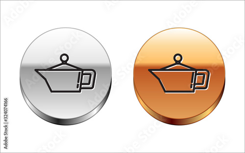 Black line Canister for motor machine oil icon isolated on white background. Oil gallon. Oil change service and repair. Silver-gold circle button. Vector Illustration