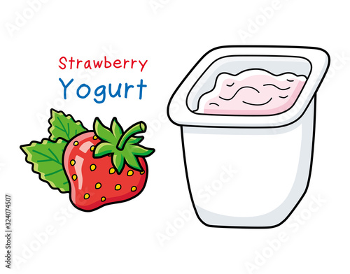 Yogurt in a white plastic cup and strawberry isolated
