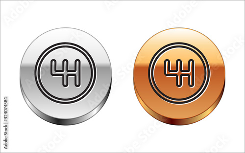Black line Gear shifter icon isolated on white background. Transmission icon. Silver-gold circle button. Vector Illustration