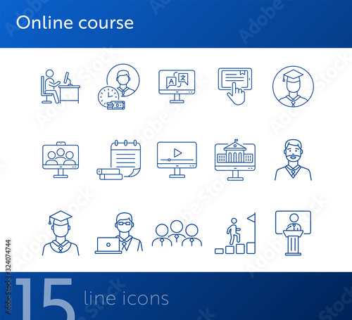 Online course line icon set. Pupil, class, service, subject. Distant education concept Can be used for topics like higher education, college, degree