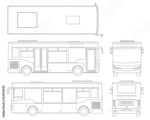 Passenger outline City Bus for branding identity and advertising design on transport. Blank City Bus side view, front, rear and from above. Blank City Bus template isolated on white background.