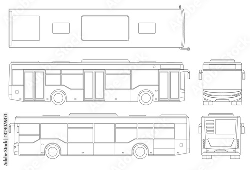 Passenger outline City Bus for branding identity and advertising design on transport. Blank City Bus side view, front, rear and from above. Blank City Bus template isolated on white background.