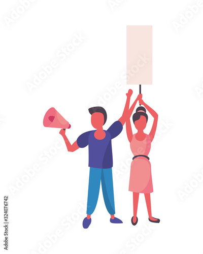 activists couple with protest banner and megaphone