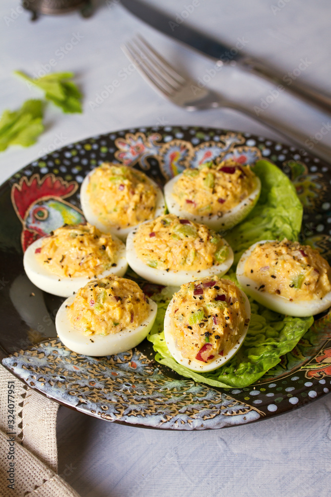 Deviled eggs. Stuffed egg halves, appetizer Deviled eggs. Stuffed egg halves, appetizer