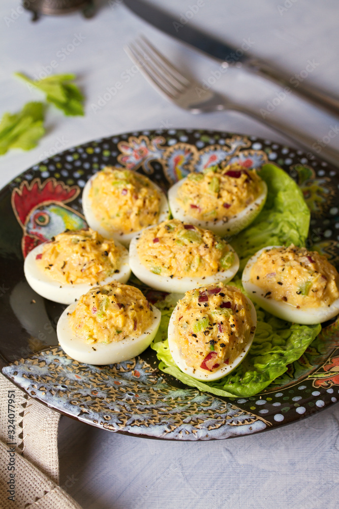 Deviled eggs. Stuffed egg halves, appetizer