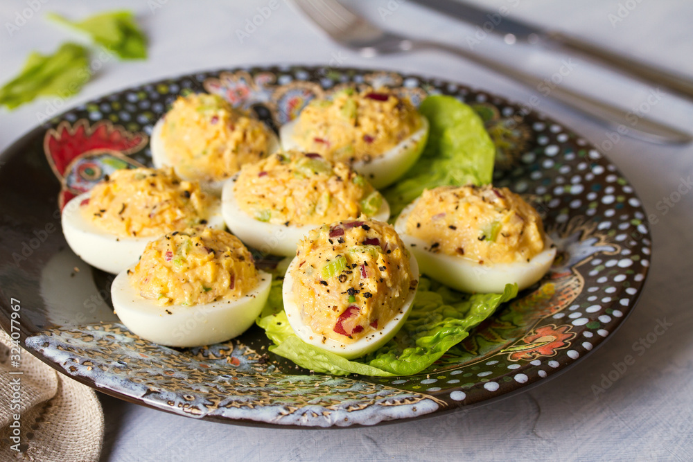 Deviled eggs. Stuffed egg halves, appetizer Deviled eggs. Stuffed egg halves, appetizer