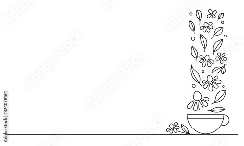 Herbal flower tea. Cup of hot medicinal drink. Line drawing. Vector. Antiviral agent