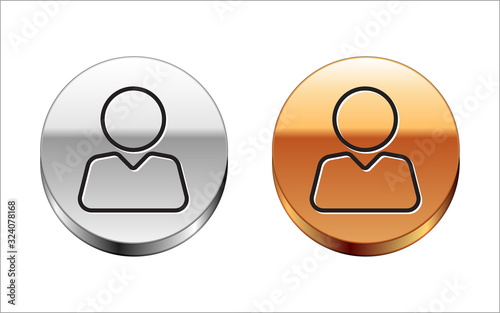 Black line Add to friend icon isolated on white background. Silver-gold circle button. Vector Illustration