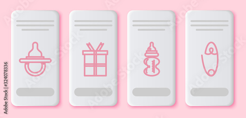 Set line Baby dummy pacifier, Gift box, Baby bottle and Classic steel safety pin. White rectangle button. Vector