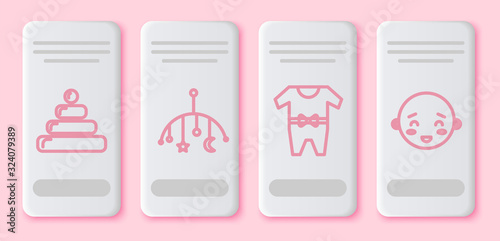 Set line Pyramid toy, Baby crib hanging toys, Baby clothes and Happy little boy head. White rectangle button. Vector