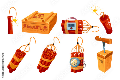 Cartoon old dynamite icon set isolated on white. 