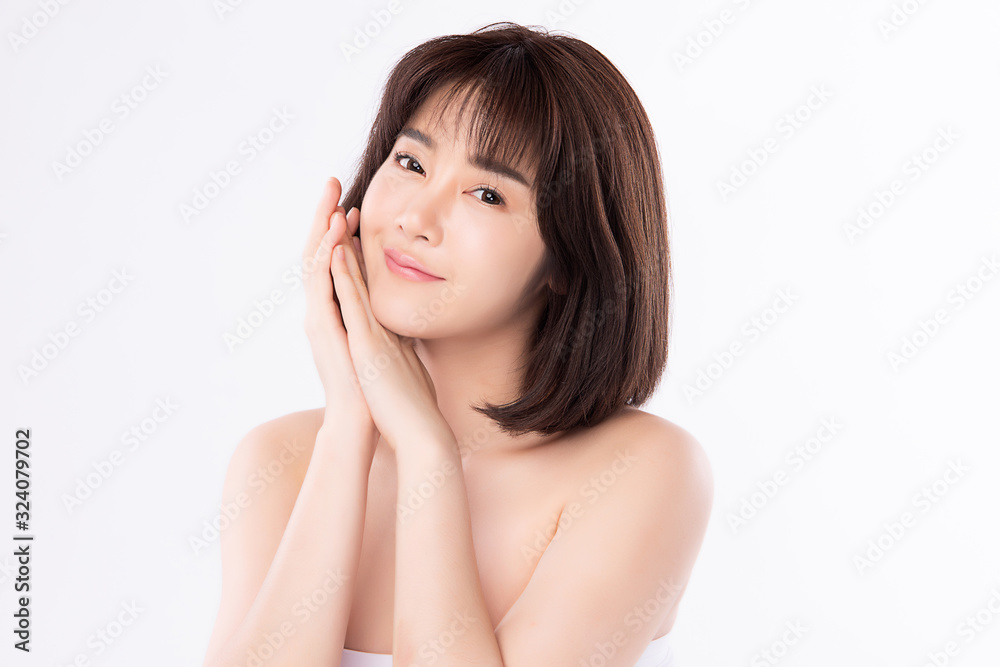Portrait beautiful young asian woman clean fresh bare skin concept. Asian girl beauty face skincare and health wellness, Facial treatment, Perfect skin, Natural makeup, on white background,two