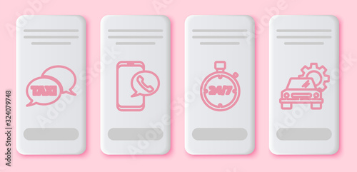Set line Taxi call telephone service, Taxi call telephone service, Stopwatch 24 hours and Car service. White rectangle button. Vector