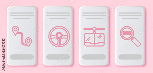 Set line Route location, Steering wheel, Cable car and Magnifying glass and taxi car. White rectangle button. Vector