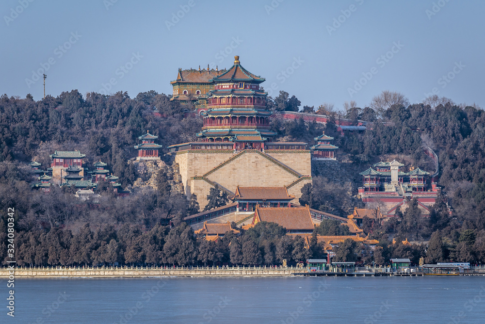 View with Tower of Buddhist Incense and Hall of Sea of Wisdom over Kunming Lake in Summer Palace in Beijing, capital city of China