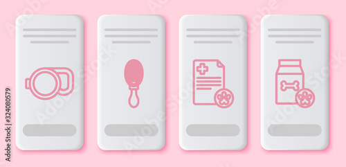 Set line Retractable cord leash, Hair brush for dog and cat, Clipboard with medical clinical record pet and Bag of food for pet. White rectangle button. Vector