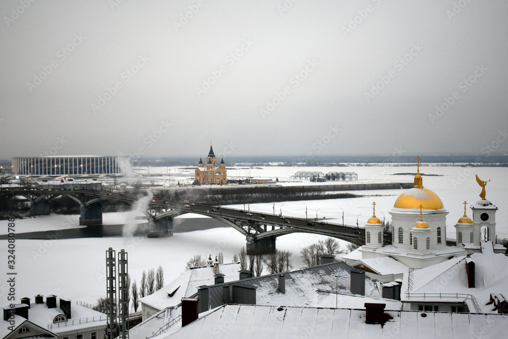 View of the stadium and the beautiful Orthodox Church. Nizhny Novgorod. Russia