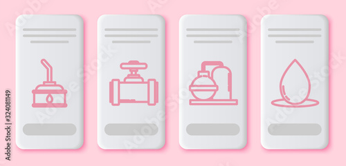 Set line Canister for motor machine oil, Industry metallic pipes and valve, Oil and gas industrial factory building and Oil drop. White rectangle button. Vector