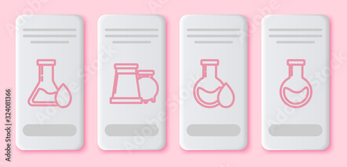 Set line Oil petrol test tube, Oil and gas industrial factory building, Oil petrol test tube and Test tube and flask. White rectangle button. Vector