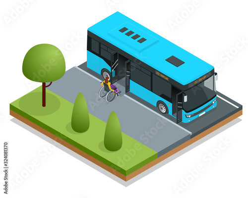 Isometric City Bus at a bus stop. Woman in a wheelchair leaves the bus. Access ramp for disabled persons and babies in a bus. Driver helping Man enter into the transport via wheelchair ramp.