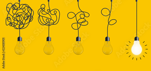 Creative vector illustration of simplifying complex process lightbulb on background. Art design untangled of problem, confusion clarity, path vector idea concept. Abstract straight, curve streamlining