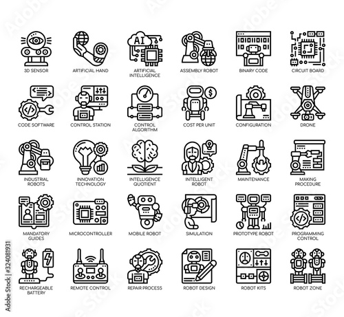 Set of robotics engineering thin line and pixel perfect icons for any web and app project.