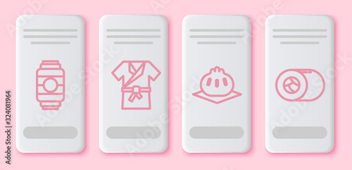 Set line Japanese paper lantern, Japanese costume Kimono, Khinkali on cutting board and Sushi. White rectangle button. Vector