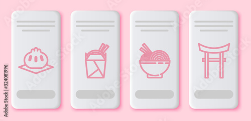 Set line Khinkali on cutting board, Asian noodles in paper box and chopsticks, Asian noodles in bowl and chopsticks and Japan Gate. White rectangle button. Vector
