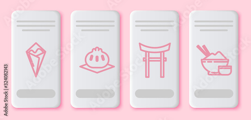 Set line Temaki roll, Khinkali on cutting board, Japan Gate and Rice in a bowl with chopstick. White rectangle button. Vector