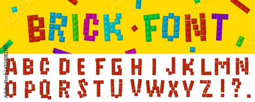 Creative vector illustration of brick font constructor alphabet isolated on background. Art design building blocks, letters template. Abstract concept graphic colorful plastic construction element