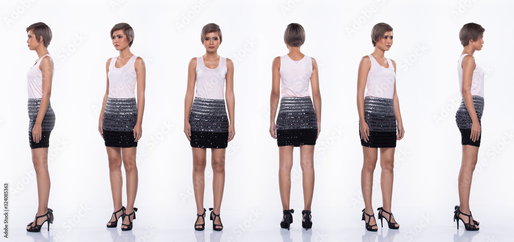 360 Full Length Snap Figure, Asian Woman wear casual white vast short skirt , she 20s has dying gray color short hair and acts in many poses, studio lighting white background isolated collage group
