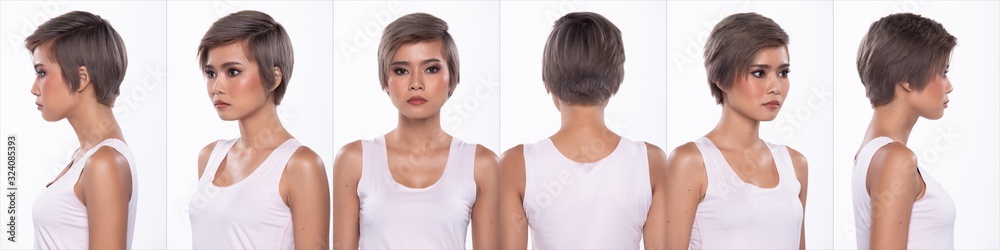 Portrait 360 Snap Figure, Asian Woman wear casual white vast short skirt , she 20s has dying gray color short hair and acts in many poses, studio lighting white background isolated collage group Portrait 360 Snap Figure, Asian Woman wear casual white vast short skirt , she 20s has dying gray color short hair and acts in many poses, studio lighting white background isolated collage group