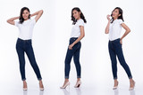 Full Length Snap Figure, Asian Woman wear casual white shirt blue jean, she 20s stands and acts many poses smile on high heel shoes, studio lighting white background isolated collage group