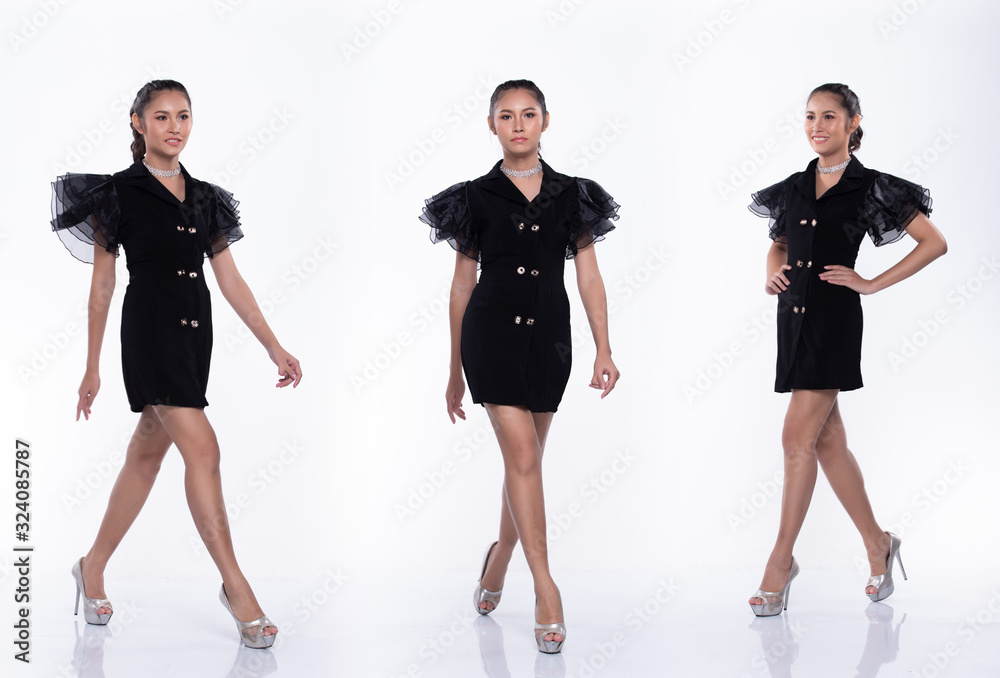 Fototapeta premium 360 Full Length Snap Figure, Asian Business Woman Transgender wears Black Dress skirt long legs and walks many directions smile on high heels, studio lighting white background isolated collage group