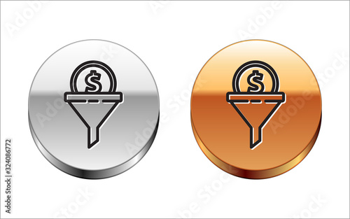 Black line Lead management icon isolated on white background. Funnel with money. Target client business concept. Silver-gold circle button. Vector Illustration