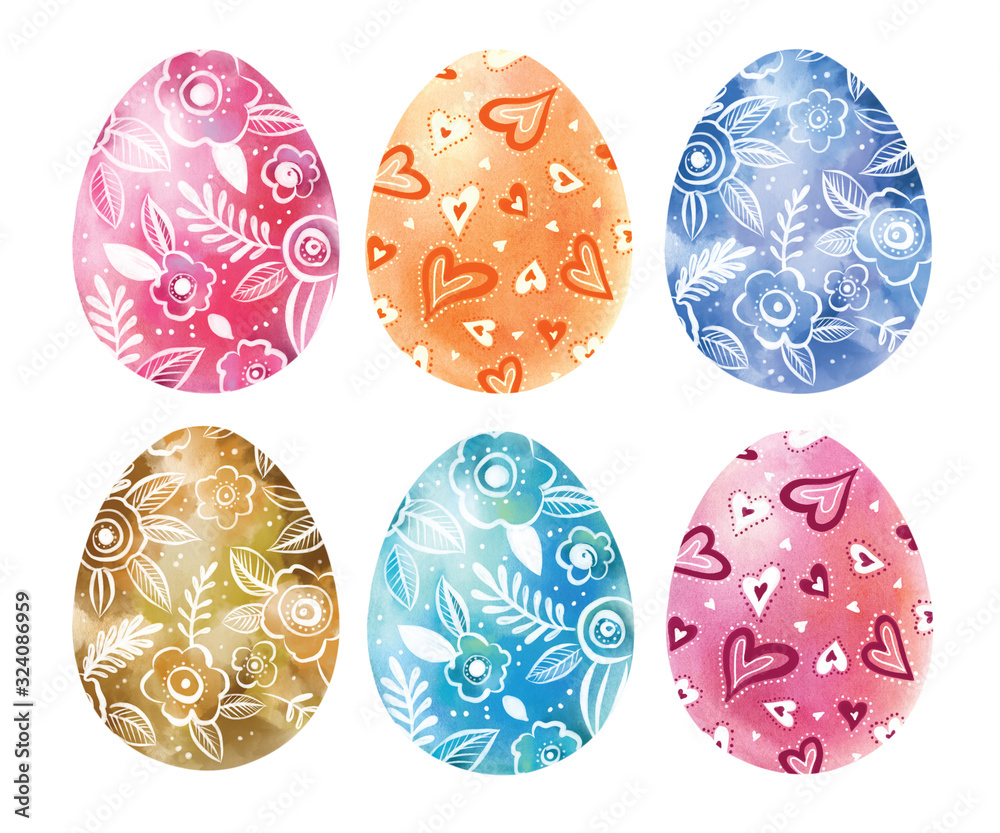Fototapeta premium Happy Easter. Watercolor set of hand drawn colored Easter eggs isolated on white background. For greetings card design.