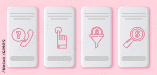 Set line Telephone handset and speech bubble chat, Hand touch and tap gesture, Lead management and Magnifying glass and dollar. White rectangle button. Vector