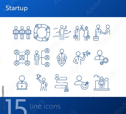 Starting business icons. Set of line icons on white background. Startup, way to money, strategy. Management concept. Vector illustration can be used for topics like business, corporate, success