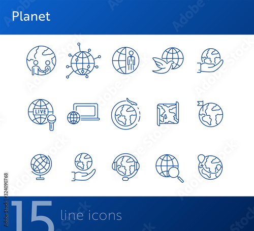 Planet line icon set. TV program, computer, map, globe. World concept. Can be used for topics like travel, broadcasting, news