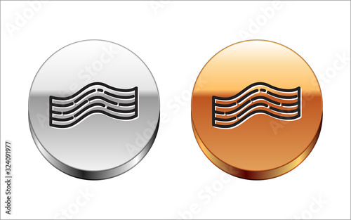 Black line Bacon stripe icon isolated on white background. Silver-gold circle button. Vector Illustration