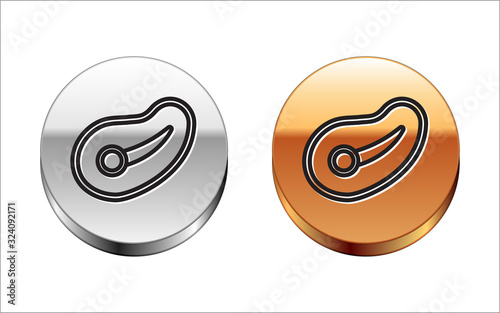 Black line Steak meat icon isolated on white background. Silver-gold circle button. Vector Illustration