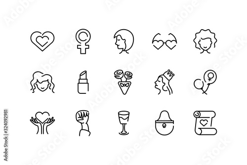 female gender and womens day icons set, line style